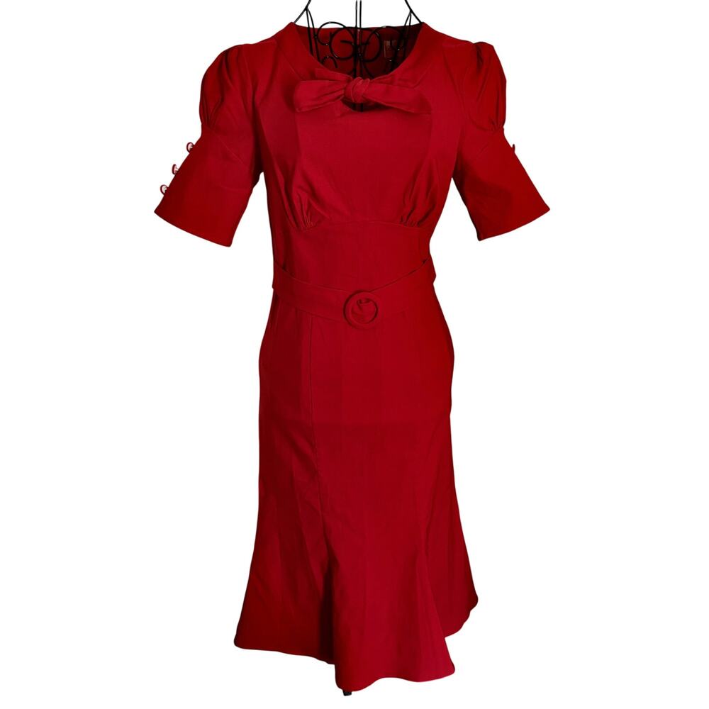 Belle Pogue Red Pinup Mermaid 40's Look Midi Dress Stretch Bodycon Glam Retro